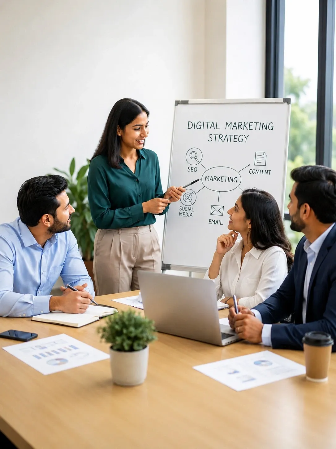 Digital marketing team discussing SEO, content and social media strategy